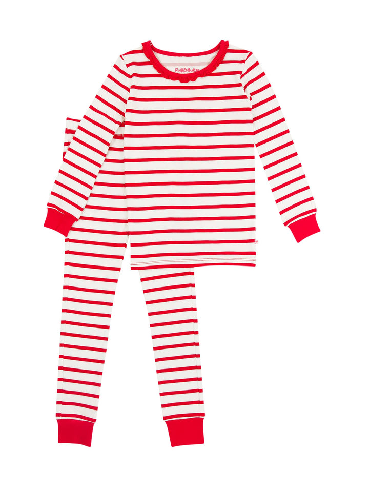 Girls Red & White Stripe Ruffle Long Sleeve Pajama Set