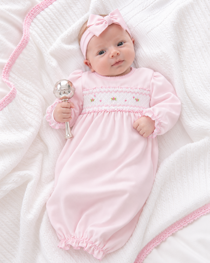 Baby girl Pink Hand Smocked Rosebud Daygown