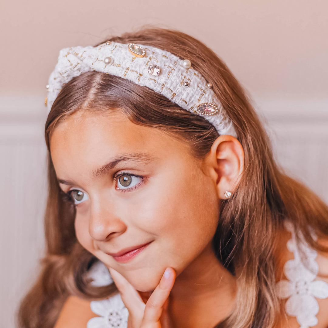 Embellished Knot Headband - Tweed Rhinestone Pearl: Black
