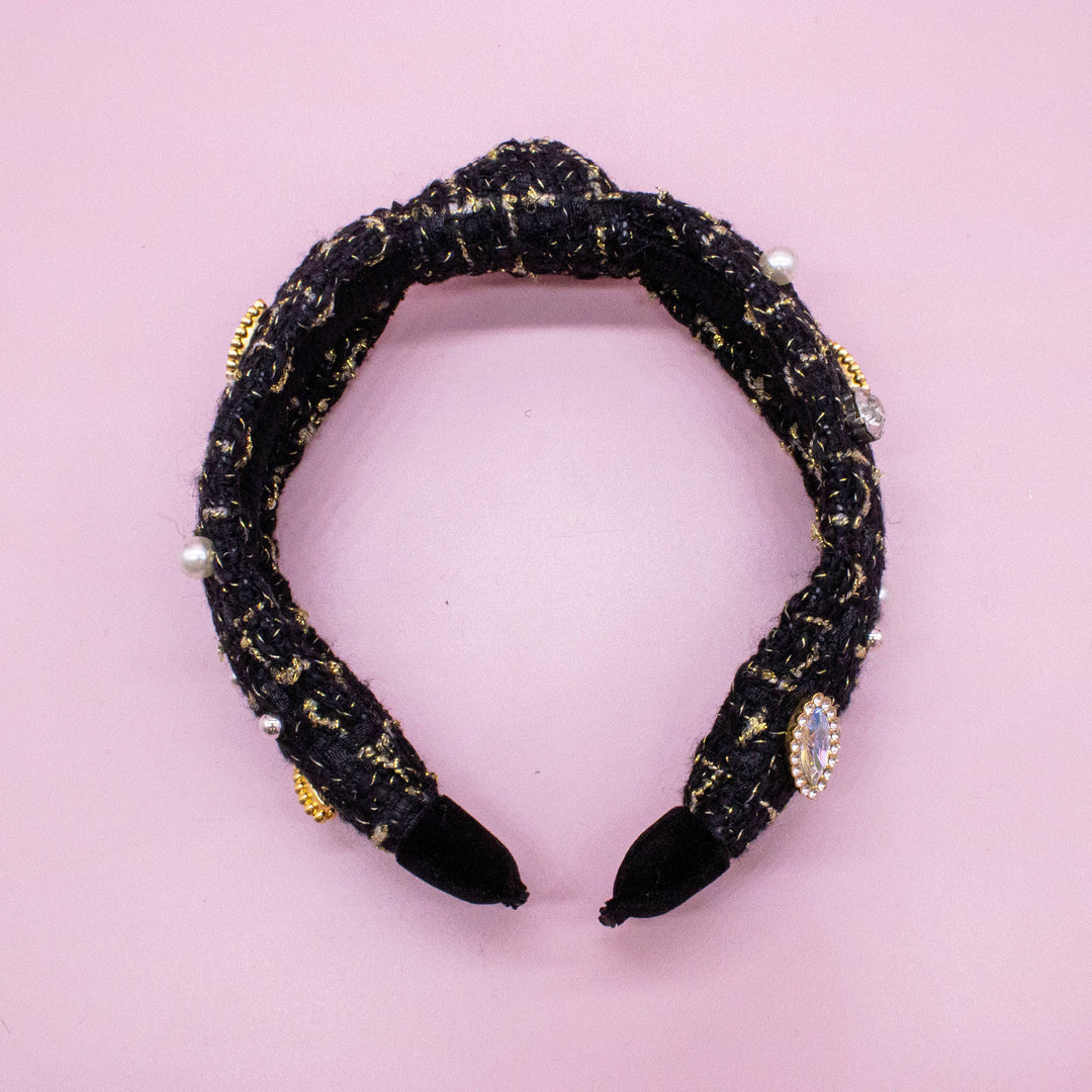 Embellished Knot Headband - Tweed Rhinestone Pearl: Black