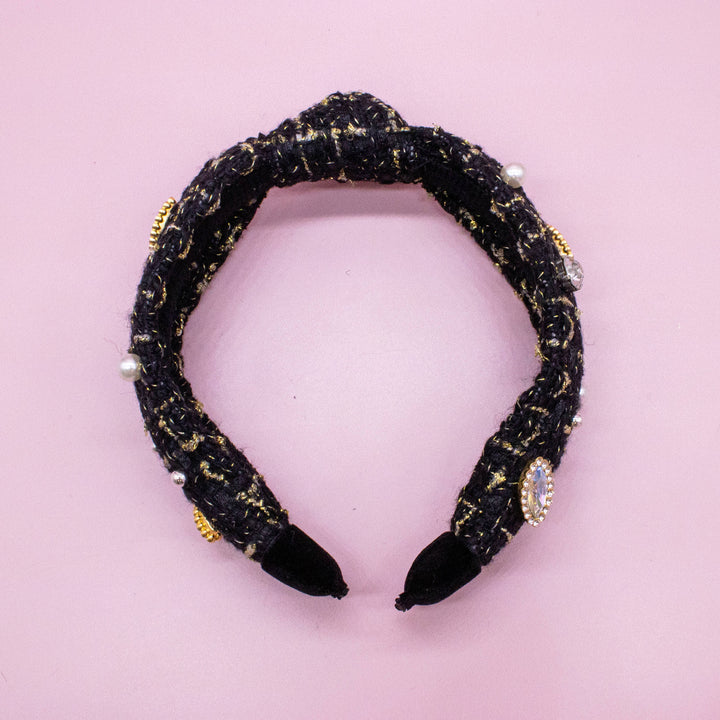 Embellished Knot Headband - Tweed Rhinestone Pearl: Black