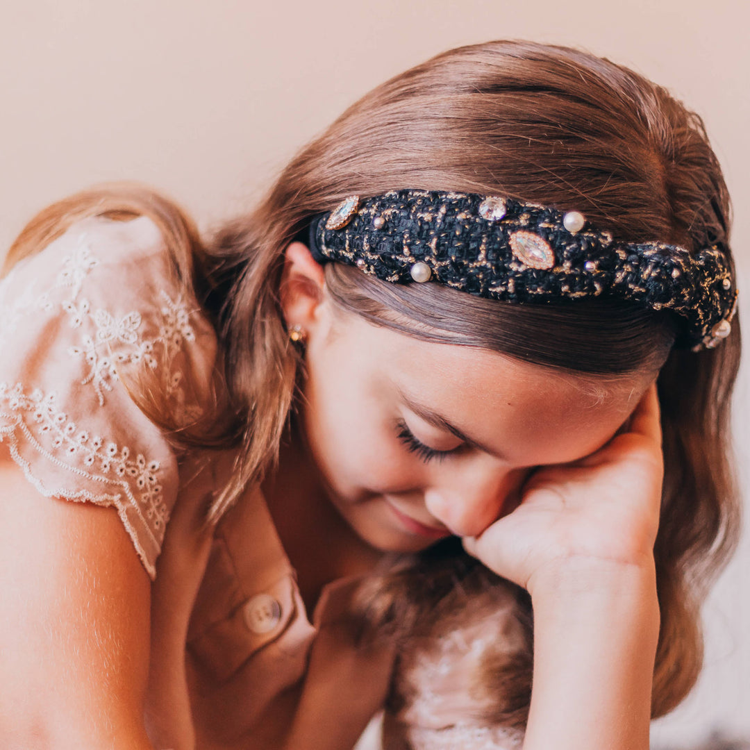 Embellished Knot Headband - Tweed Rhinestone Pearl: Black