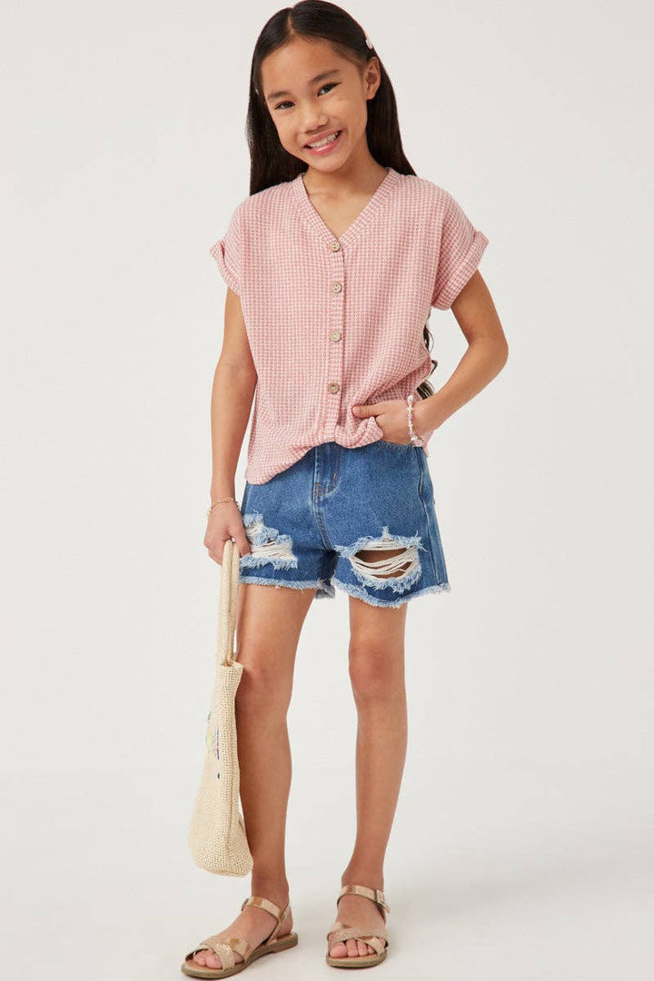 Textured Knit Buttoned Twist Front Top