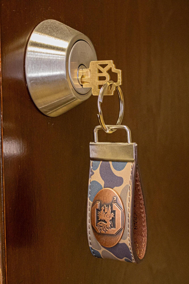 South Carolina Gamecocks Old School Camo Leather Loop Keychain.: Brown/Tan Camo