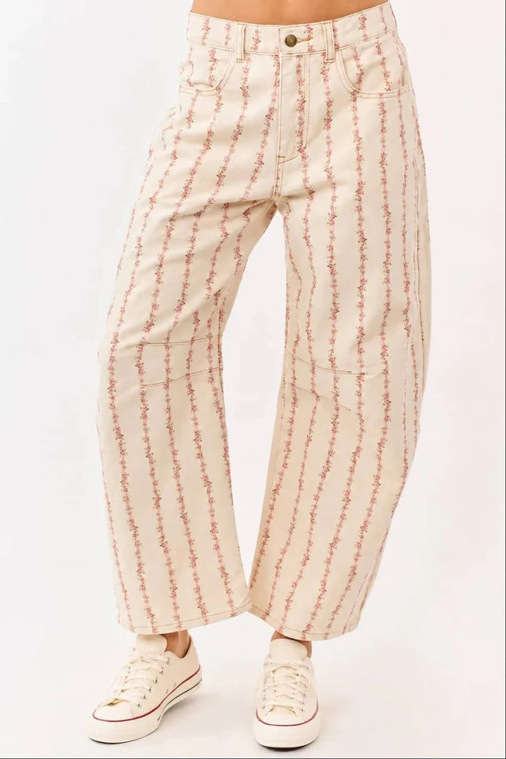 Floral Printed Stitch Denim Pants