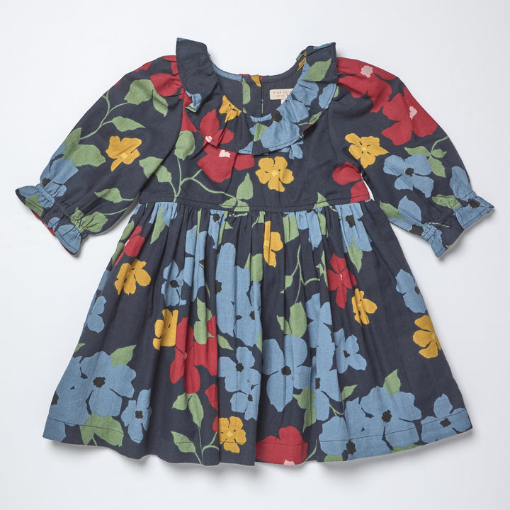 Girls Amara Dress-Navy Hibiscus Floral