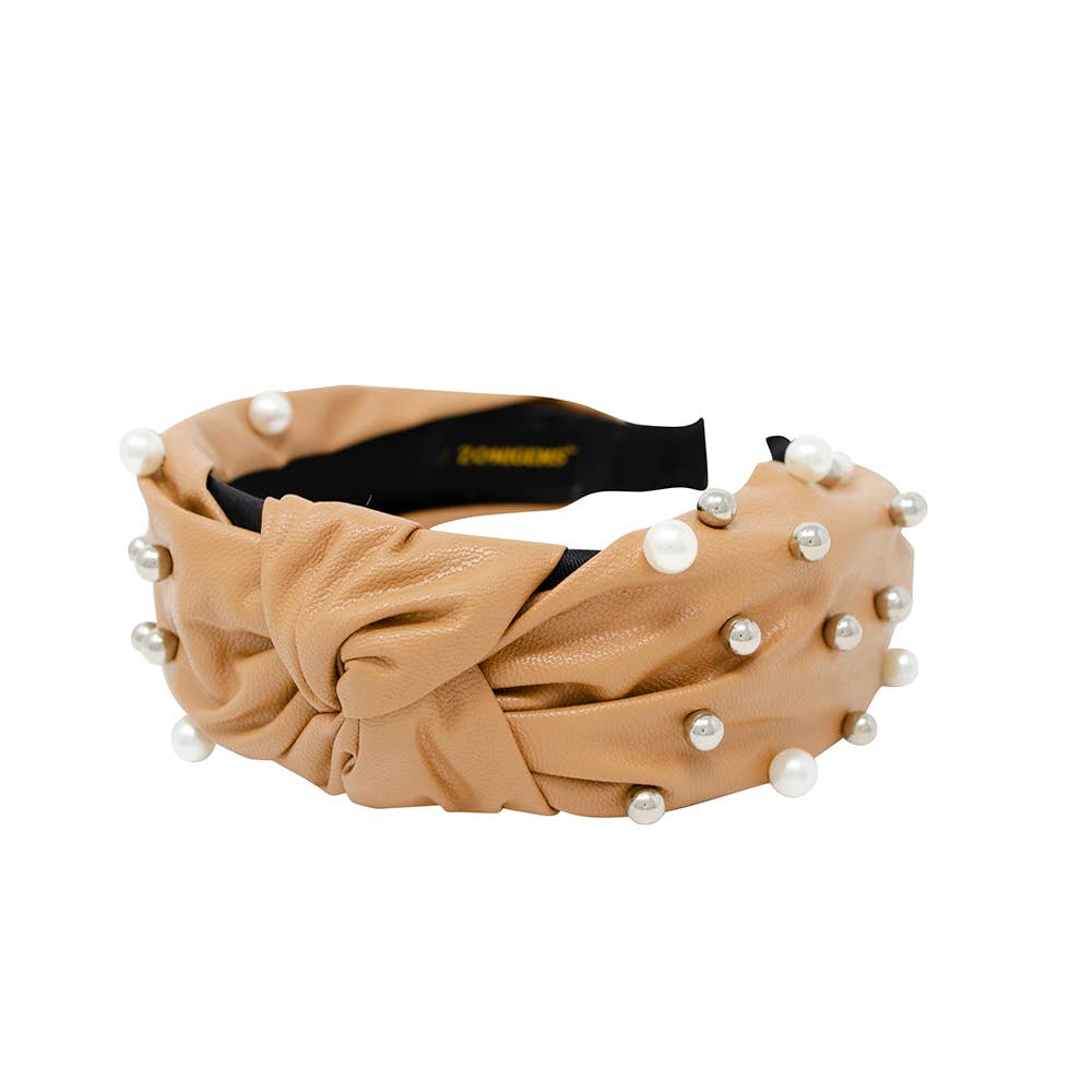 Peach Leather Pearls & Studs Headband