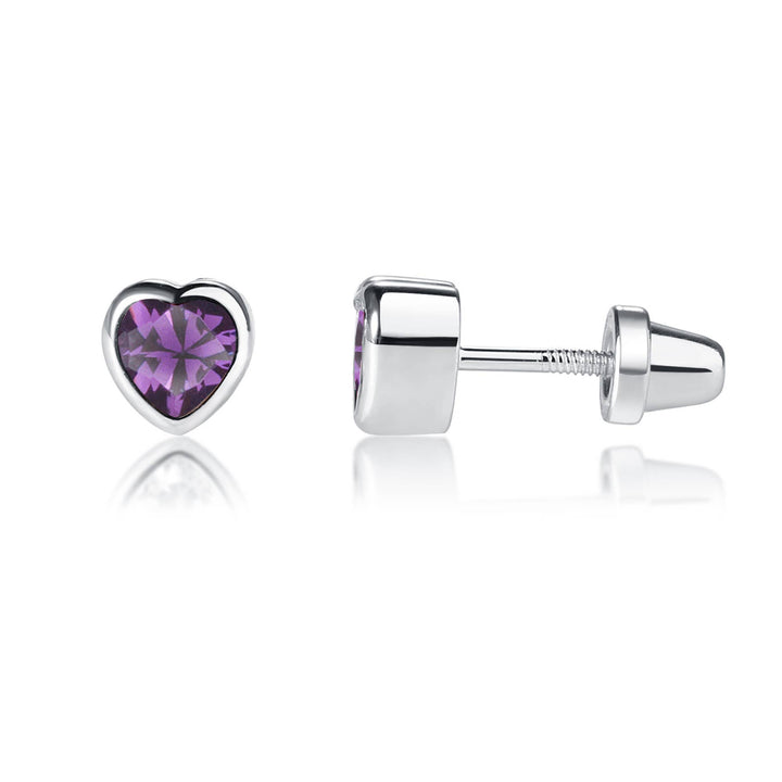 Sterling Silver Birthstone Heart Earrings: February