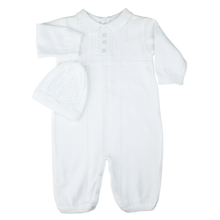 Boys Knit Romper with Hat - White